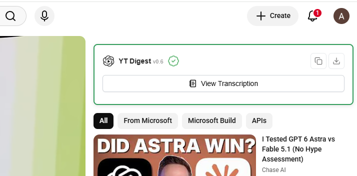 YTDigest View Transcription button on a YouTube video