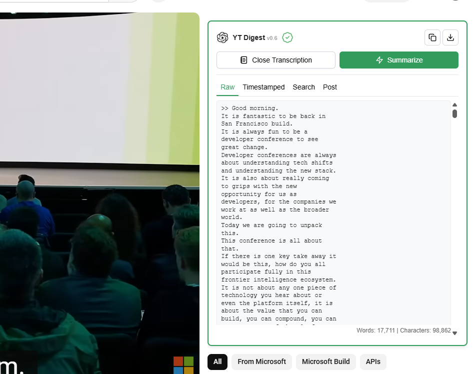 YouTube transcript displayed in YTDigest’s Raw view