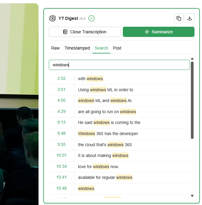 Search for windows in YTDigest with matching words highlighted and clickable timestamps