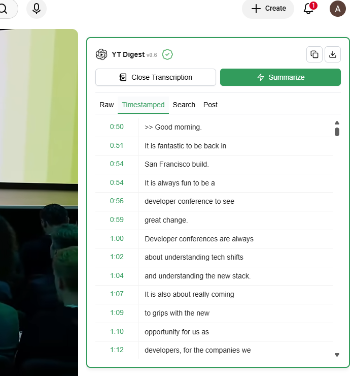 Timestamped transcript with each line linked to a moment in the video