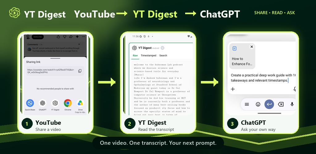 Share a YouTube video, read its transcript in YT Digest, and continue in ChatGPT