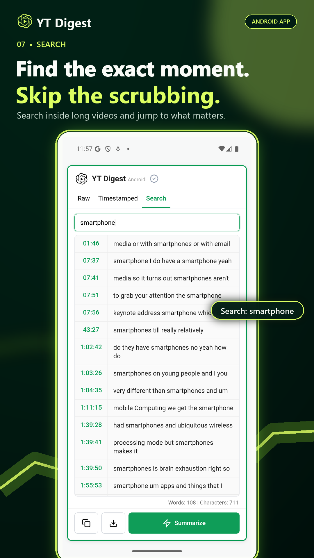 YT Digest transcript search results
